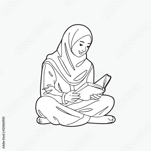 Arabic woman reading Quran line art vector silhouette illustration 