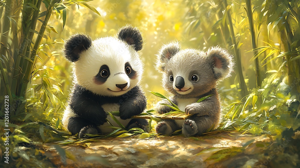 Fototapeta premium Irresistibly cute vector graphic featuring a chubby panda and a friendly koala sharing a bamboo picnic in a lush bamboo forest, white background ::2 bamboo feast, adorable friendship, peaceful 