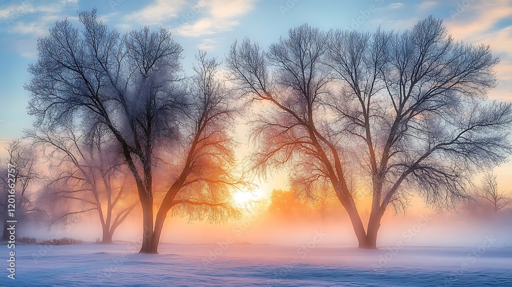 Frosty sunrise illuminating two snow-covered trees in a misty field. Frosty sunrise illuminating two snow-covered trees in a misty field.