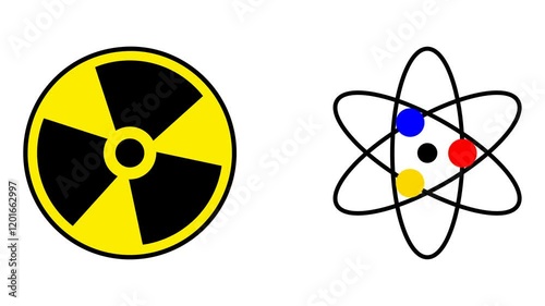 Realistic Radiation and Atom icon 4k animation on the white background. Radioactive sign nuclear symbol. Electrons nuclear energy animation.