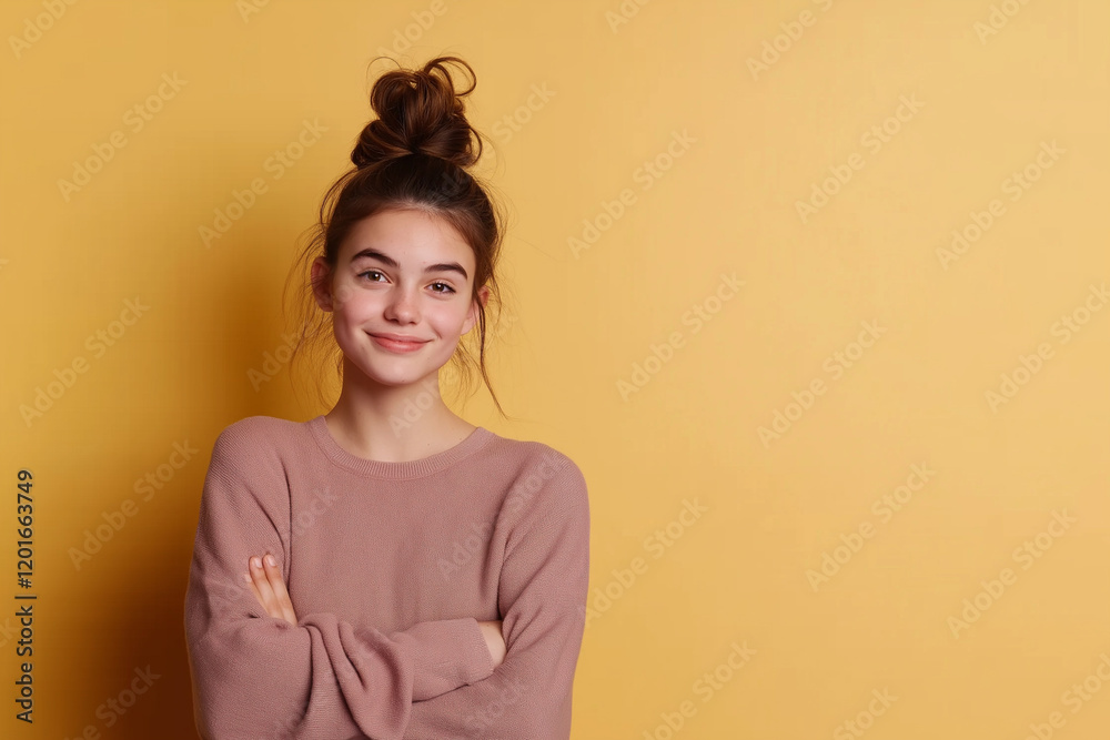 Obraz premium Portrait of positive girl with bun hairstyle, wearing casual sweater standing against yellow background