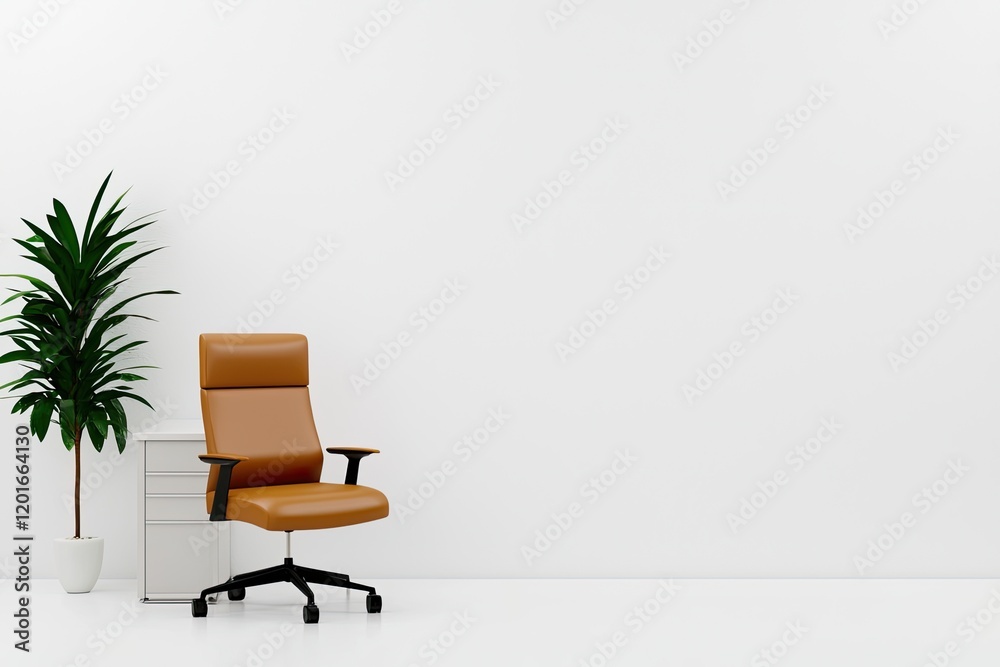 Fototapeta premium Chic modern office with minimalist desk, stylish chair, and lush plants, neutral background