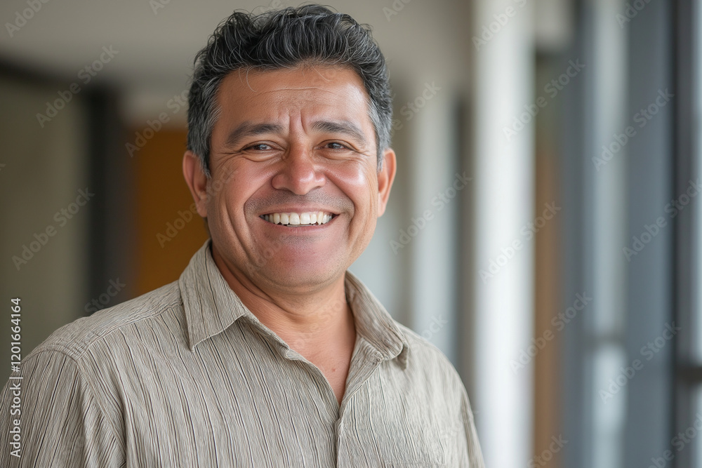Fototapeta premium Portrait of smiling middle-aged Hispanic man in casual shirt with natural light office background