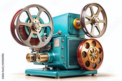 Vintage Movie Projector on White Background - Retro Cinema Equipment Stock Photo photo