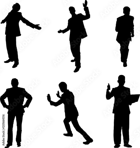 Silhouettes of people and children in various dynamic poses including dancing, running, and jumping, showcasing a mix of sports, music, and fun activities