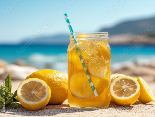 Photo of Lemonade: A Transparent Glass with Lemon on the Beach – A Vacation Illustration