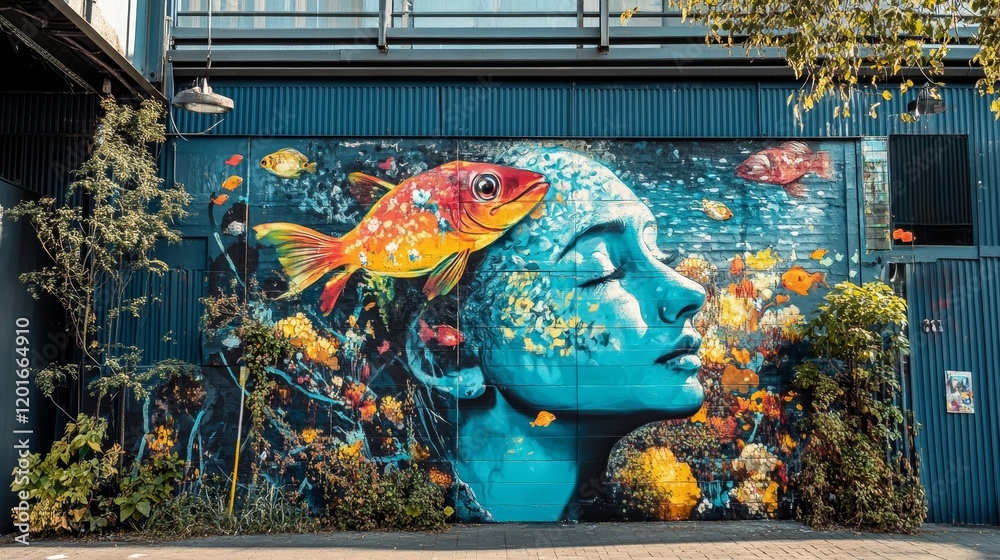 Obraz premium Underwater Mural Woman, Fish, and Ocean Flora