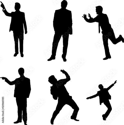 Silhouettes of people in various poses including dancing, jumping, and business activities, representing a diverse group in a vector art style