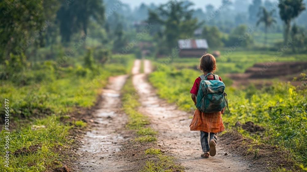 Obraz premium Child walking rural road, backpack, school, village background, education