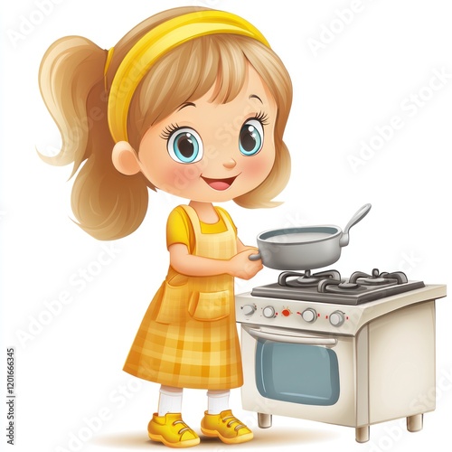 Little Chef in Action: An adorable cartoon girl, with blonde hair and big blue eyes, happily cooks on a stove, wearing a yellow checked apron. photo