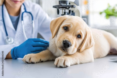 microscope veterinary science pet diagnosis with a focused microscope on a lab table, samples in glass slides, soft neutral background