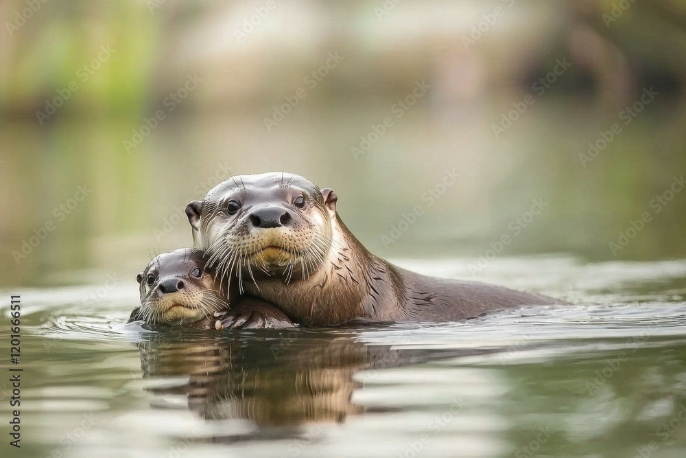 Fototapeta premium An Amazonian giant river otter swimming playfully with its young in a calm river.