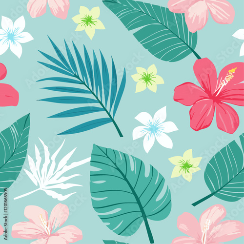 a seamless pattern with a light blue background. It features various tropical leaves and flowers in different shades of pink, white, and yellow