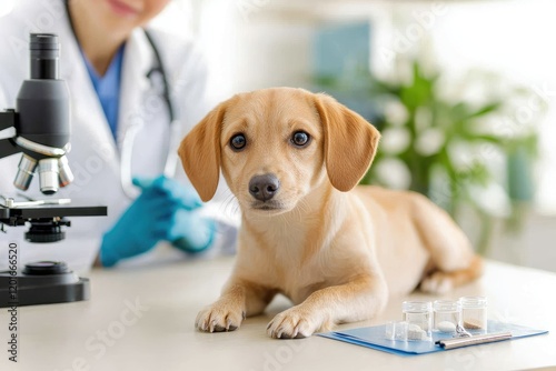 microscope veterinary science pet diagnosis with a focused microscope on a lab table, samples in glass slides, soft neutral background