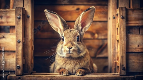 Vintage Photo: Adorable Big-Eyed Rabbit in Wooden Cage