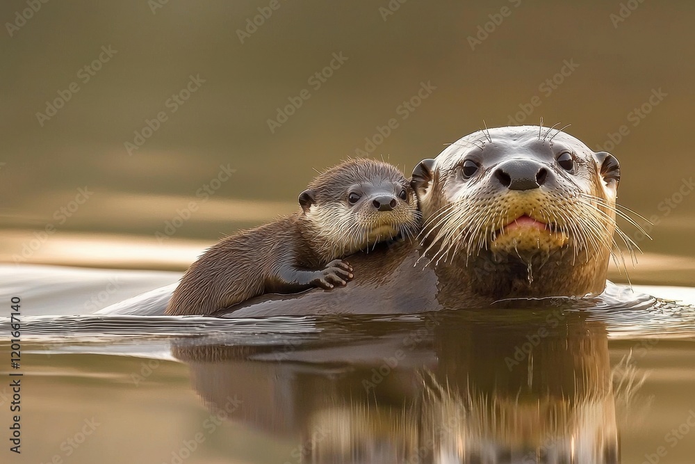Fototapeta premium An Amazonian giant river otter swimming playfully with its young in a calm river.