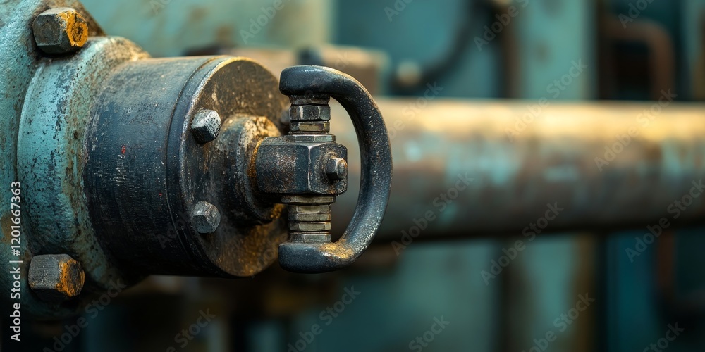 Closeup of industrial equipment featuring an adjustment lever adjacent to a metal pipe. This image showcases a fragment of a steel pipeline used in industrial equipment within a factory setting. Closeup of industrial equipment featuring an adjustment lever adjacent to a metal pipe. This image showcases a fragment of a steel pipeline used in industrial equipment within a factory setting.