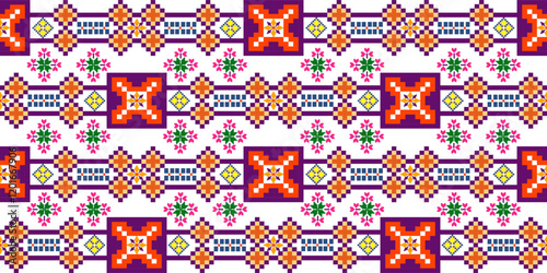 Cross stitch, pixel pattern, Ukrainian folk embroidery seamless pattern. Vector illustration. Colorful design for bedding, curtains, tiles, ceramic pottery, and clothing.