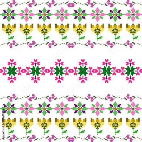 Cross stitch, pixel pattern, Ukrainian folk embroidery seamless pattern. Vector illustration. Colorful design for bedding, curtains, tiles, and elaborated borders.