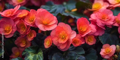 Vibrant wax begonia in bloom, known scientifically as Begonia semperflorens Trophee Rouge, showcases its stunning colors. This wax begonia variety, Trophee Rouge, is perfect for enhancing any garden.