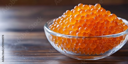 Chum salmon caviar displayed in a glass bowl, representing seafood delicacies and healthy nutrition. This chum salmon caviar is a perfect example of nutritious seafood delights. photo