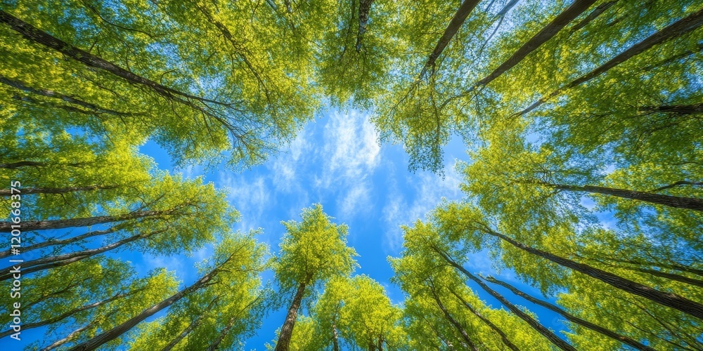 Fototapeta premium Tranquil forest under clear blue skies, captured with a soft focus to enhance the serene beauty of the forest in this imagery. Experience the calmness that the forest and blue skies provide.