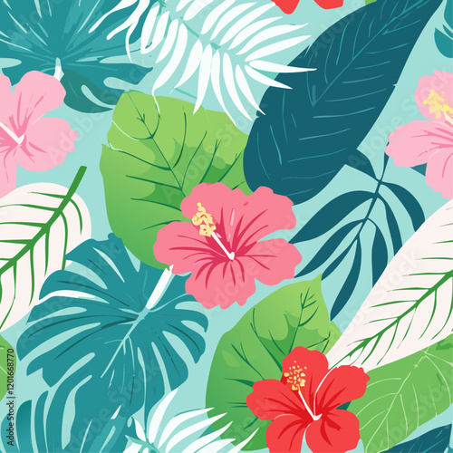 seamless pattern with a light blue background. It features various tropical leaves and flowers in different shades of pink, white, and yellow