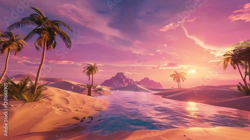 A beautiful sunset over a beach with palm trees and a river. The sky is pink and orange, creating a warm and peaceful atmosphere