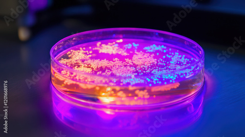 Illuminated petri dish with glowing bacteria. photo