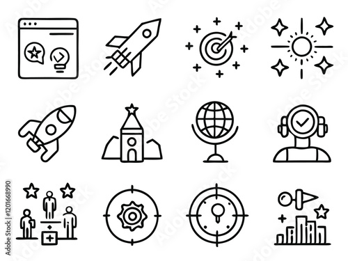 A collection of icons including a space ship a rocket a star and a space ship
