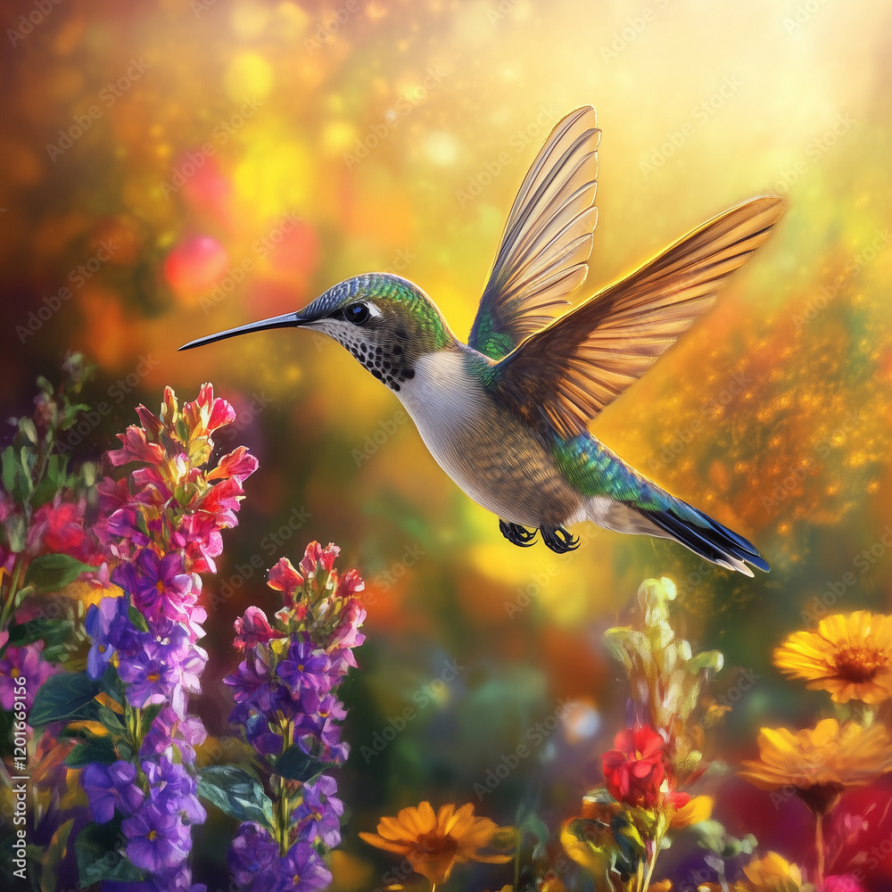 Fototapeta premium Close-up of a colorful hummingbird in mid-flight surrounded by blooming flowers, illuminated by warm sunlight, symbolizing vitality and the beauty of nature