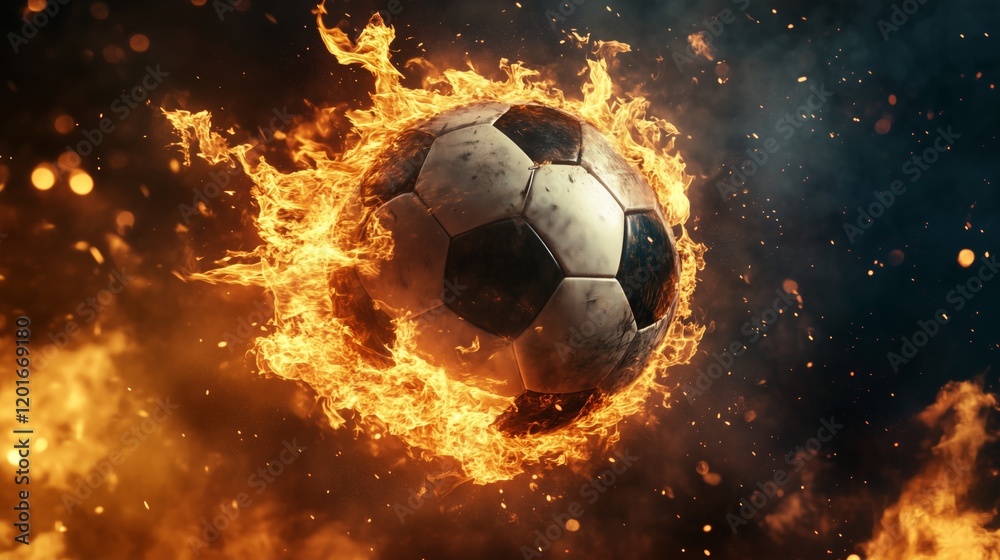 Naklejka premium a soccer ball breaking apart, revealing a fire demon trapped inside
