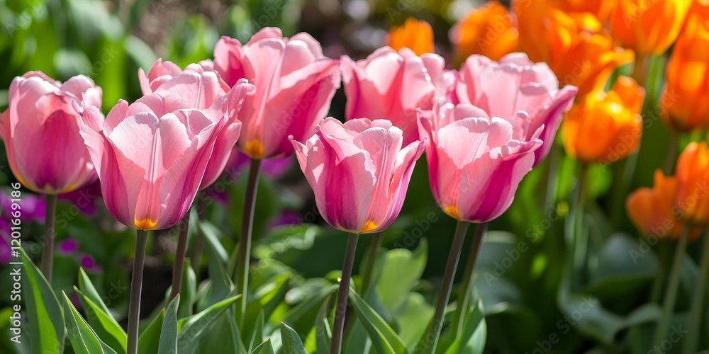 Fototapeta premium Vibrant pink tulips beautifully contrast with lively orange tulips, creating a stunning display of color with these pink tulips and orange tulips in bloom.