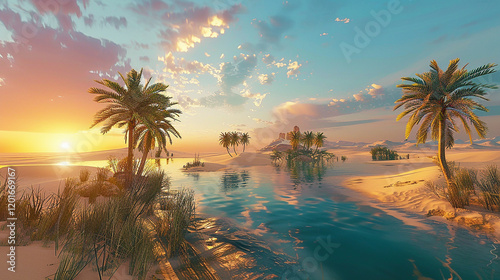 A beautiful sunset over a tropical beach with palm trees.