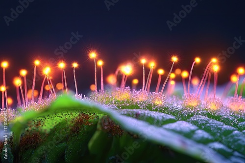 Close-up microscopy of leaf trichomes and their role in plant defense, highlighting botanical adaptations