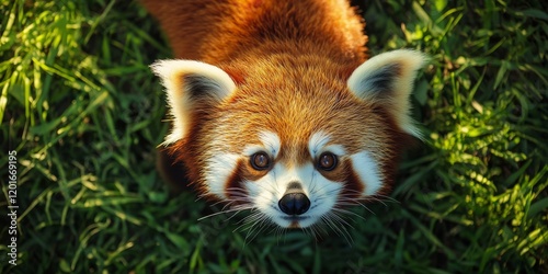 Curious red panda gazes at the camera from above, showcasing its playful nature against a vibrant green grass background, highlighting the charm of the red panda in its natural habitat. photo