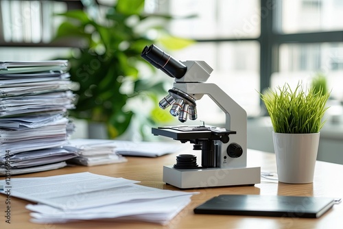microscope on a cluttered postgraduate research desk with open thesis papers