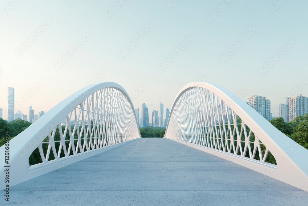 Obraz premium A Modern Futuristic Bridge Connecting Urban Landscapes with Lush Green Surroundings, Showcasing Innovative Architecture and Sustainable Design in a Vibrant City Environment