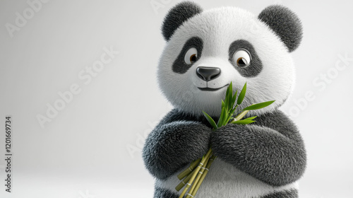 Cute panda holding bamboo, smiling happily.