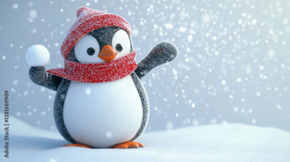 Cute penguin in snow with red scarf. Cute penguin in snow with red scarf.