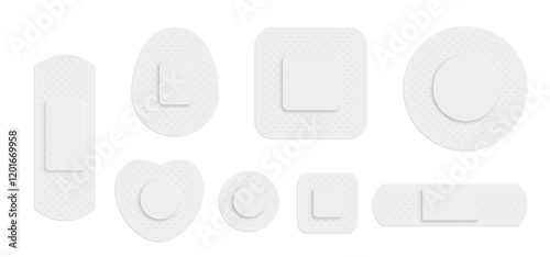 Medical adhesive bandages set. Back side of white sticky plaster patches for first aid of tape ,circle and square shapes, pharmaceutical medical product. Realistic 3d vector illustration.