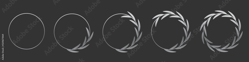 Obraz premium Silver laurel wreath round frame set. Platinum rings with leaves, circle award logo or emblem vector illustration. Roman circular badge for anniversary, wedding, award isolated on grey background.