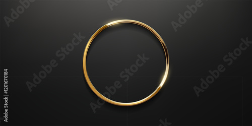 Gold circle thin frame. Blank metal ring, button, stamp, emblem, sticker, label. First place medal isolated on black background. Realistic 3d vector illustration.