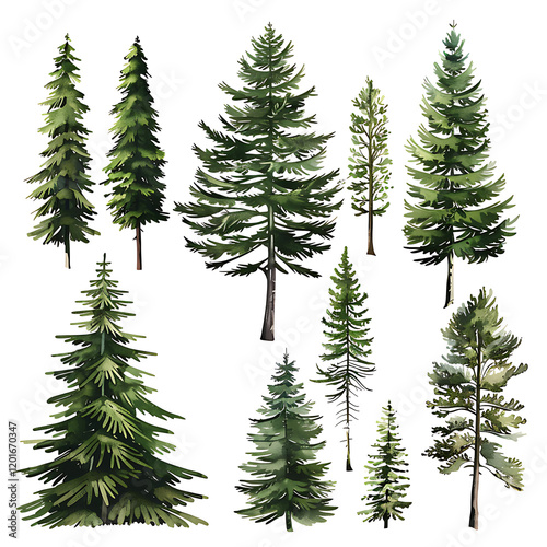 set of fir branches , many christmas trees isolated on white , set of fir trees isolated , branches 
