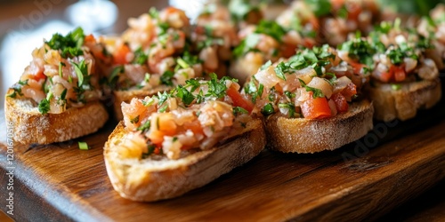 Delicious bruschetta topped with minced fish and fresh herbs, elegantly arranged on a restaurant table, creating an appetizing culinary experience with each flavorful bite of bruschetta.