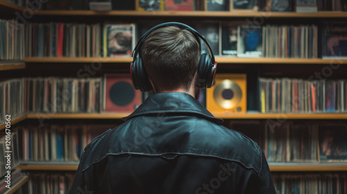 Man enjoys music in record store.