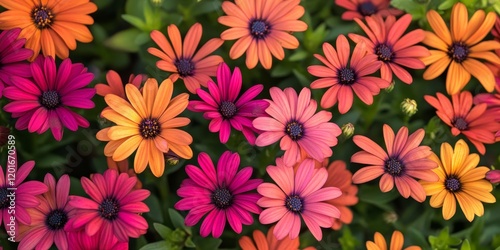 Vibrant African Daisy Fireball flowers showcase their stunning beauty, characterized by the rich colors and unique form of the Arctotis Fireball variety, perfect for adding charm to any garden scene. photo