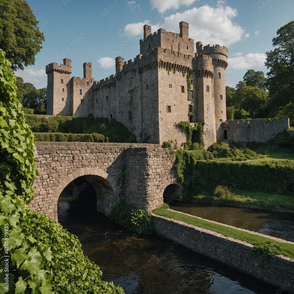 Obraz premium A historic European castle with turrets, a stone bridge over a moat, and ivy climbing its walls.