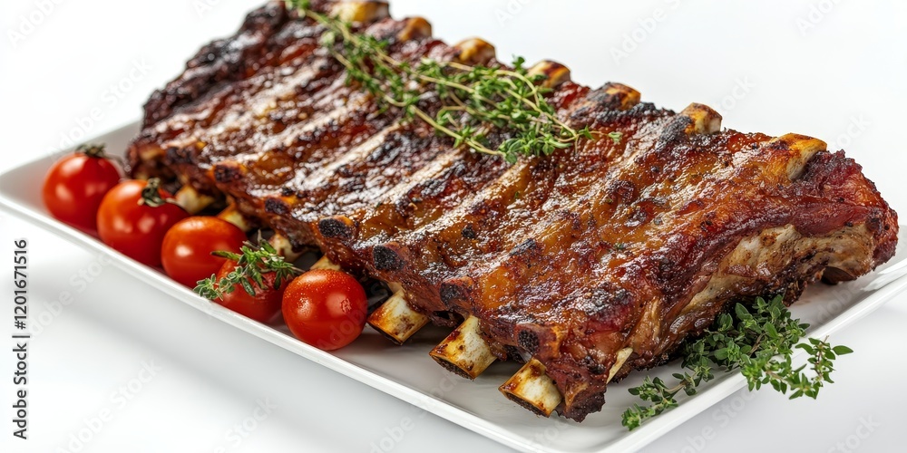Meat food featuring a roasted rib prominently displayed on a white dish, garnished with thyme, pepper, and tomato, isolated against a clean white background, highlighting the delicious meat food. Meat food featuring a roasted rib prominently displayed on a white dish, garnished with thyme, pepper, and tomato, isolated against a clean white background, highlighting the delicious meat food.