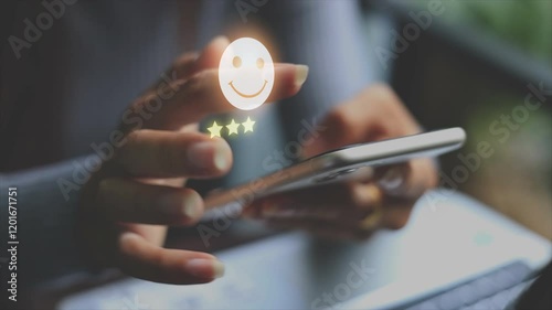 Woman gives five star review online. Excellent customer experience evaluation. photo